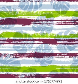 Jungle monstera philodendron liana hole leaves overlaying stripes vector seamless pattern. Caribbean forest foliage summer fashion print. Tropical leaves and stripes seamless.