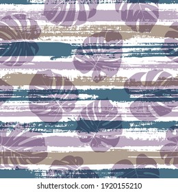 Jungle monstera philodendron liana hole leaves over painted stripes seamless pattern design. Bali forest foliage clothing fabric print. Tropical leaves and stripes seamless.