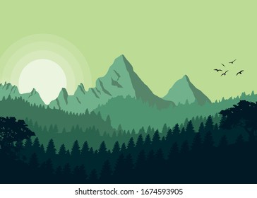 Jungle Mountain Illustration In Flat Design