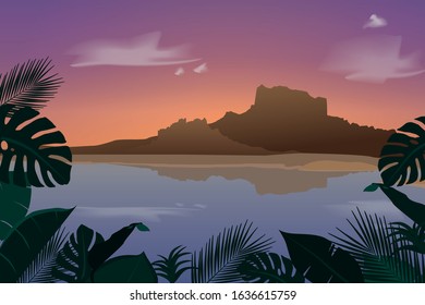 Jungle Mountain Reflection in Water Sunset