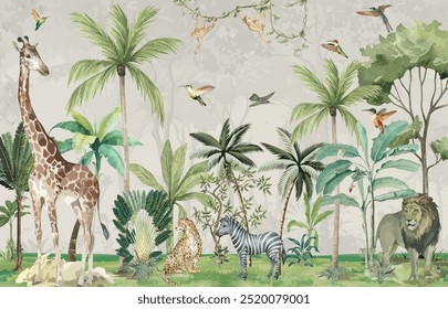 Jungle Mural Illustration, Garden Illustration, Wild life, Animal, Tropical Background.