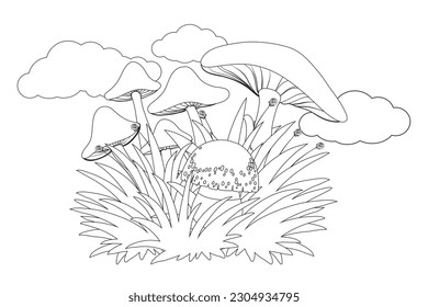 jungle mushroom house green grass cloud coloring page