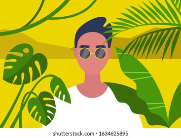 Jungle nature, travel destinations, A portrait of a young male character framed by tropical plant leaves
