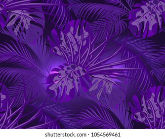 Jungle. Neon ultra violet. leaves of tropical palm trees, monsters, agaves. Seamless. Vector illustration