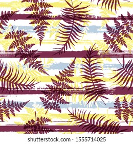 Jungle new zealand fern frond and bracken grass overlapping stripes vector seamless pattern. Hawaiian forest foliage beach fashion fabric print. Tropical leaves silhouettes wallpaper.