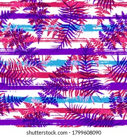 Jungle new zealand fern frond and bracken grass over painted stripes seamless pattern design. Polynesian jungle foliage beach fashion fabric print. Tropical leaves silhouettes wallpaper.