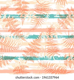 Jungle new zealand fern frond and bracken grass overlapping stripes vector seamless pattern. Brazilian forest foliage clothing fabric print. Tropical leaves and stripes seamless.