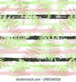 Jungle new zealand fern frond and bracken grass overlapping stripes vector seamless pattern. Caribbean jungle foliage beach fashion fabric print. Geometric floral tropical leaves seamless.
