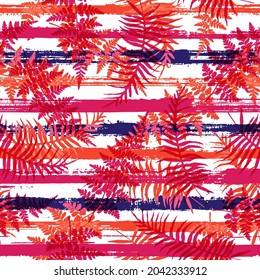Jungle new zealand fern frond and bracken grass overlaying stripes vector seamless pattern. Bali exotic foliage swimwear textile print. Geometric floral tropical leaves seamless.