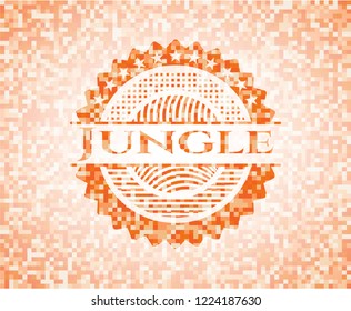 Jungle orange tile background illustration. Square geometric mosaic seamless pattern with emblem inside.