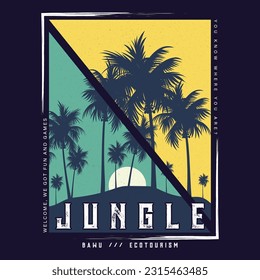 Jungle - Outdoor Adventure T-Shirt Design Good vibes. Colorful tropical vector t-shirt design, poster, print, label.trendy design with palm trees , 
typography, print, vector illustration.