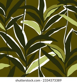 Jungle palm green leaf seamless pattern. Stylized Tropical palm leaves wallpaper. Design for printing, textile, fabric, fashion, interior, wrapping paper. Vector illustration