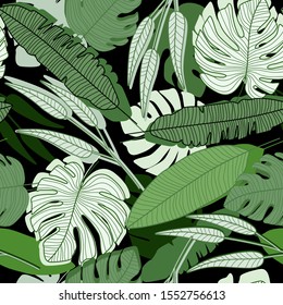 Jungle palm leaf seamless pattern on black background. Tropical palm leaves backdrop. Modern exotic design for printing, textile, fabric, fashion, interior, wrapping paper. Vector illustration