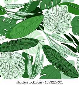 Jungle palm leaf seamless pattern on white background. Modern exotic tropical palm leaves backdrop. Concept design for printing, textile, fabric, fashion, interior, wrapping paper. Vector illustration