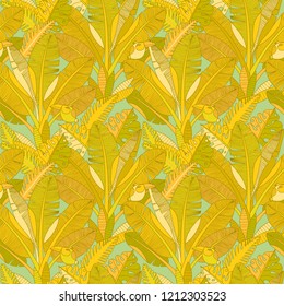 Jungle palm leaves pattern. Banana palms leaf tree vector seamless wallpapers. Abstract african south tropical plants and birds background. 