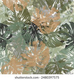 Jungle palm leaves, tropical leaf on white background, watercolor botanical illustration. Abstract exotic leaves seamless pattern. 