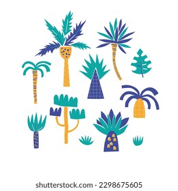 Jungle palm and plant decorative shape cutouts style vector illustration. Scandinavian childish wild tropical safari summer pre-made print design.