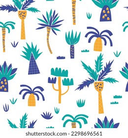 Jungle palm and plant decorative shape cutouts style vector seamless pattern. Scandinavian childish wild summer background. Baby surface bold design for textile fabric