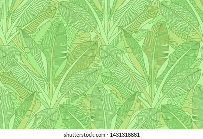 Jungle palm tree leaves pattern. Tropical foliage seamless background. Vector exotic forest wallpaper.