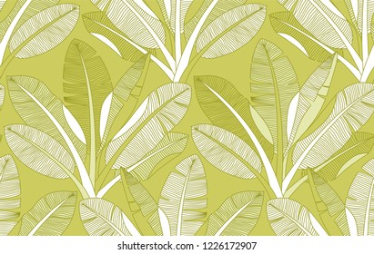 Jungle palm tree leaves seamless pattern. Banana leaf vector background. Tropical bananas forest wallpapers. Exotic plants and trees botanical illustration.