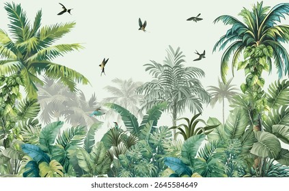 Jungle Palms Wallpaper Mural, Tropical Wall, Mughal Garden Illustration, Birds, Watercolor Background.