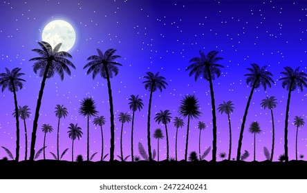 Jungle panorama silhouette. Night sjy with moon and stars. Coconut palm, monstera, fan palm, rhapis, banana tree. Natural leaf, exotic branches tree. Vector illustration