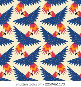 Jungle parrots hand drawn vector illustration. Funny colorful macaw bird in flat style seamless pattern for kids fabric or wallpaper.