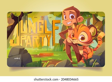 Jungle party banner with cute monkey and tiger stand together on glade. Vector landing page with cartoon rainforest landscape with green trees, stones and funny wild animals