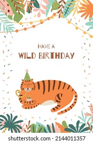 Jungle party card. Tiger wild birthday party postcard. Jungle palm leaves frame. Wild party template with cute tiger in hat, gift. Wild party graphic design. Summer tropical vector illustration.