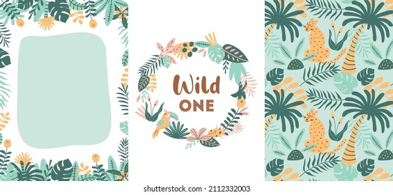 Jungle party cards set. Wild party invitation template. Wild birthday banners collection. Tropical birthday party invite. Summer vector illustration. Jungle leaves border frame. Leopard, tiger, jaguar