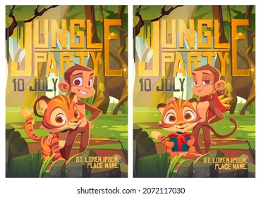 Jungle party flyer, invitation card to kids entertainment event with cartoon funny monkey and tiger cub in rainforest. Amusement with wild nature exotic animals at tropical forest, vector illustration