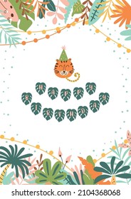 Jungle party invitation. Tropical birthday party invite. Jungle palm leaves frame. Wild party template with funny tiger head. Wild decorative card. Cute bright vector illustration.