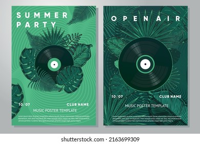 Jungle party poster with tropical leaf and vinyl disc. Summer party festival design template. Hot vector design