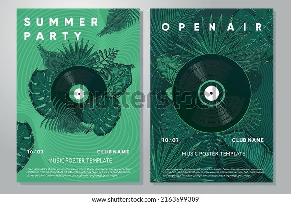 Jungle party\
poster with tropical leaf and vinyl disc. Summer party festival\
design template. Hot vector\
design