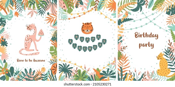 Jungle party set. Wild party invitation template. Wild birthday cards collection. Tropical birthday party invite. Jungle leaves border frame. Leopard, tiger, jaguar. Summer bright vector illustration.