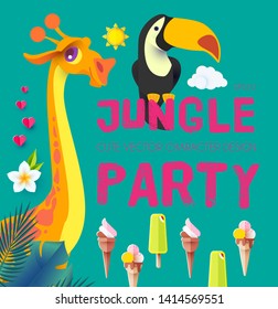 Jungle Patry. Exotic Animals Design Template. Tropic Event. Hot Birthday. Vector illustration