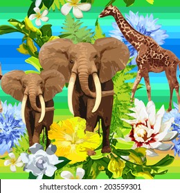 jungle pattern of elephants, giraffes and exotic flowers