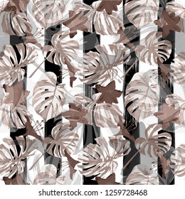 Jungle Pattern. Exotic Palm Greenery Backdrop. Summer Design for Swimwear. Seamless Illustration. Seamless Jungle Pattern.