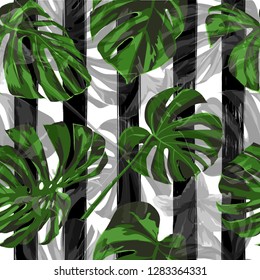 Jungle Pattern. Exotic Palm Greenery Backdrop. Summer Design for Swimwear. Repeatable Illustration. Seamless Jungle Pattern.