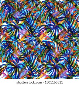 Jungle Pattern. Exotic Palm Greenery Backdrop. Summer Design for Swimwear. Repeatable Illustration. Seamless Jungle Pattern.