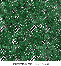 Jungle Pattern. Exotic Palm Greenery Backdrop. Repeating Illustration. Summer Design for Swimwear. Seamless Jungle Pattern.