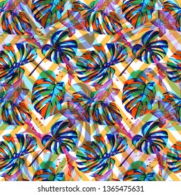 Jungle Pattern. Exotic Palm Greenery Backdrop. Seamless Illustration. Summer Design for Swimwear. Seamless Jungle Pattern.