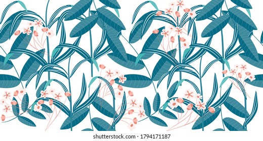 Jungle pattern. Foliage Seamless pattern. Trendy color pallet on white background. A pattern for print, wallpaper and textile.  