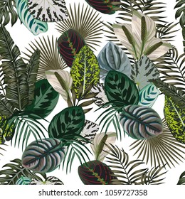 Jungle pattern leaves flowers dark green color scheme seamless white background beach vector  trendy illustration tropical wallpaper