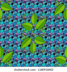 Jungle pattern. Leaves of palm. Tropical palm and manifold leaves seamless pattern. Print on cloth template. Vector illustration. Variegated leaves on blue, green and black colors.