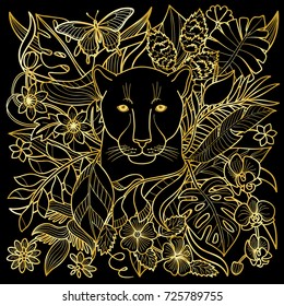 Jungle Pattern With Panther, Flowers And Leaves. Outline Golden Textile Print, Exotic Luxury Squared Composition.