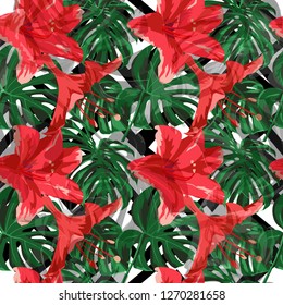 Jungle Pattern. Seamless Illustration. Exotic Palm Greenery Backdrop. Summer Design for Swimwear. Seamless Jungle Pattern.
