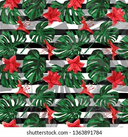Jungle Pattern. Seamless Illustration. Exotic Palm Greenery Backdrop. Summer Design for Swimwear. Seamless Jungle Pattern.