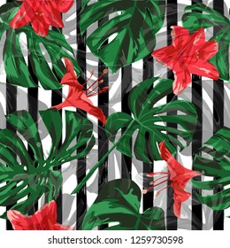 Jungle Pattern. Seamless Illustration. Summer Design for Swimwear. Exotic Palm Greenery Backdrop. Seamless Jungle Pattern.