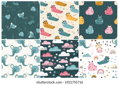 Jungle pattern set. Collection of vector seamless baby backgrounds with cute tropical animal muzzles. Pink clouds. Hand drawn doodle characters. Ideal for nursery textiles, fabrics, wrapping